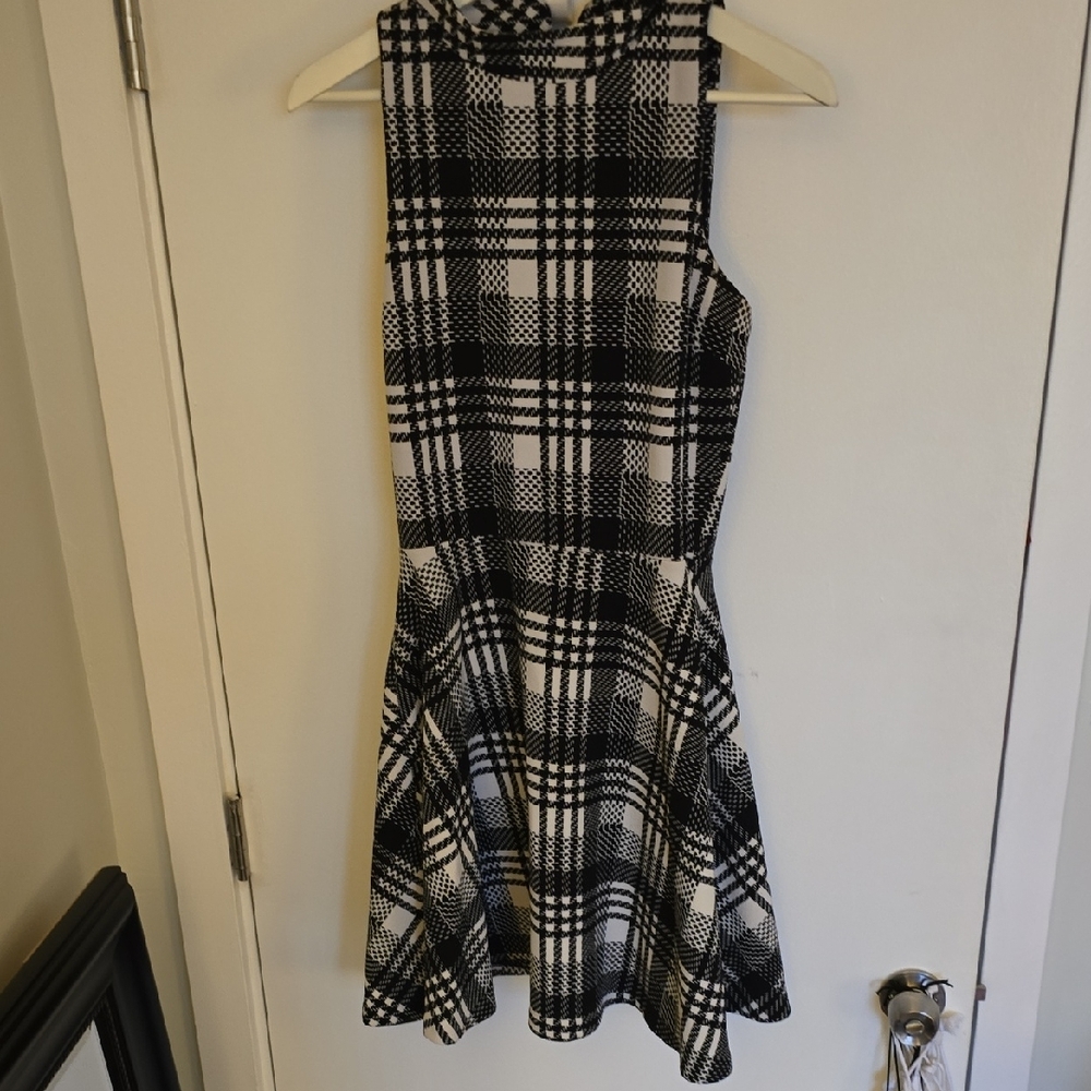Aqua Black and White Mock Neck Fit and Flare Mini Dress